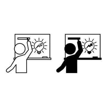 Idea Presentation Icons. Line and Glyph Vector Icons. Man Writes with Chalk.. Illustrazione stock