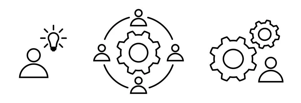 From idea to process line icon set in flat style Stock Illustration