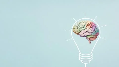 Idea in progress, light bulb with human colorful brain, development and growth 스톡 사진