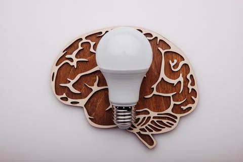 Idea solution concept, wooden brain and light bulb Stock Photos