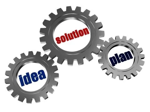 Idea, solution, plan in silver grey gearwheels. Stock Illustration