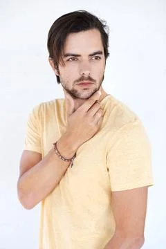 Idea, studio and young man thinking, pensive and focus on contemplating problem Foto stock