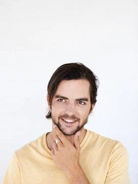 Idea, studio mockup and man thinking, pensive and focus on contemplating problem Stockfoto's