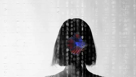 The idea of synergy between artificial intelligence and man. Head of a girl on a Stock Footage 255838720