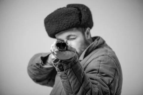 Idea - take target. Hunter with horizontal double-barreled shotgun in hands,  Fotos Stock