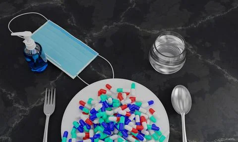 The idea of taking large amounts of medication instead of food. Many tablets  Stock Illustration