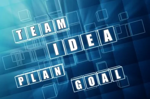 Idea, team, plan, goal in blue glass blocks Stock Illustration