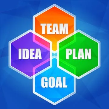 Idea, team, plan, goal in hexagons, flat design Stock Illustration