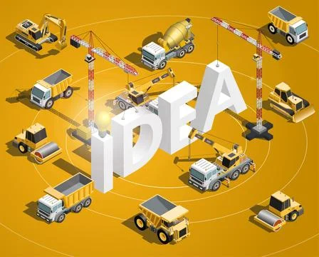 Idea text concept isometric construction machinery composition. Building eq.. Stock Illustration