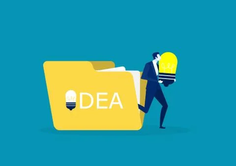 Idea theft. Man stealing lamp bulb from file. intellectual property, Stock Illustration