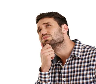 Idea, thinking and problem solving with man in studio searching for answer or 스톡 사진