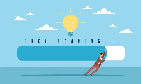 Idea Upload Progress. Businessman pushes load line, light bulb sign, innovation Ilustración de archivo