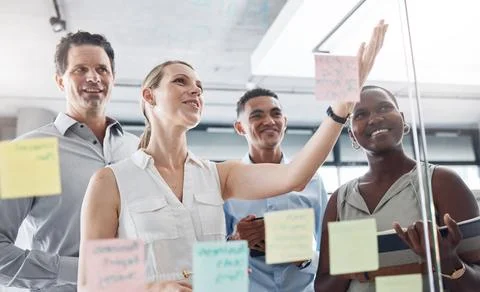 Idea wall, post it and team conversation with business strategy brainstorm notes Stock Photos