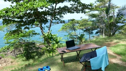 Ideal workplace for a freelancer , camping life, work and travel Stock Footage 293273633