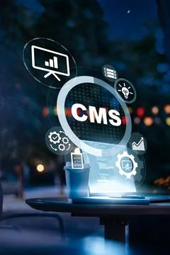 Ideas and tools for managing content in a digital environment at night Stock Photos