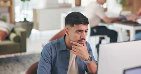 Ideas, computer and businessman in office with research for software development Stock Footage 329429379
