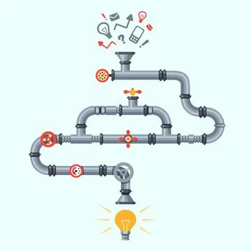 Ideas generator. Idea generation machine, industry pipeline factory machine.. Illustrazione stock