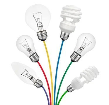 Ideas - Lightbulbs attached to colored cables Stock Photos