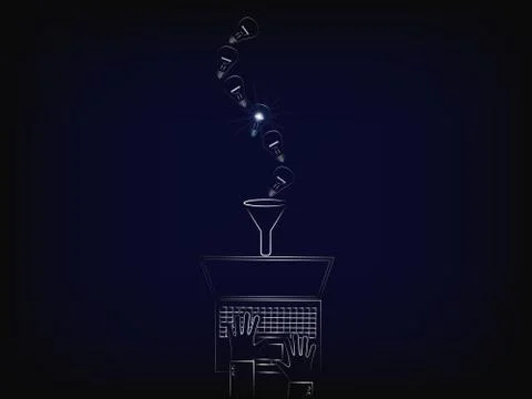 Ideas lightbulbs falling into a laptop through funnel and only one is shining Stock Illustration