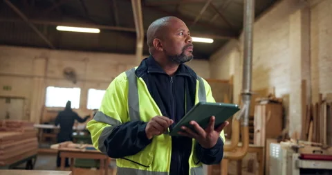 Ideas, man and carpenter with tablet in workshop for research on furniture Stock Footage 338040110