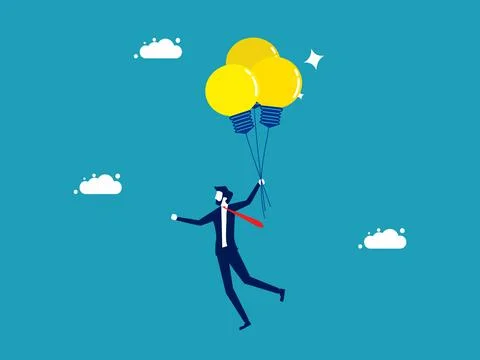 Ideas for solving business problems. businessman floats with a balloon light  Illustrazione stock