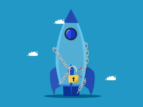 Ideas for unlocking or solving business problems. Rocket lock from chain Illustrazione stock