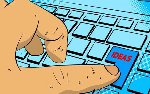 Ideas word on computer keyboard. Man push keypad on laptop. Comic book style  Stock-Illustration