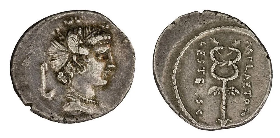 ï»¿denarius. Plaetorius Cestianus, M. (fl. 69-67 a.C.; c. 64 a.C.), moneta Stock Photos