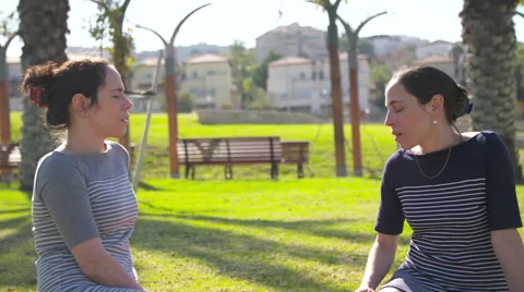 Identical twins sitting in a park, talking Video stock 58610258