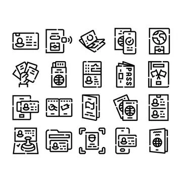 Identification document and passport line icons collection Stock Illustration