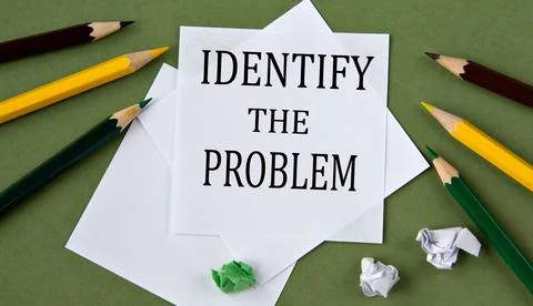 IDENTIFY THE PROBLEM - words on white paper on a green background with pencil Stock Photos