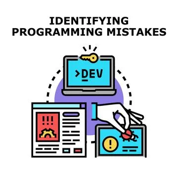 Identifying programming mistakes debugging finding errors code development Stockillustratie