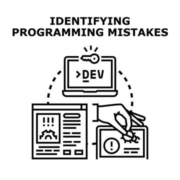 Identifying programming mistakes debugging finding errors code development Illustrazione stock