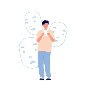 Identity problems. Bipolar disorder, fake faces and emotions. Psychology, false Ilustración de archivo