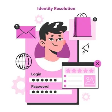 Identity resolution. Process of customer data management. User or consumer Stock Illustration