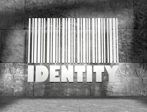 Identity text and bar code on concrete wall Identity word and bar code on ... Foto stock