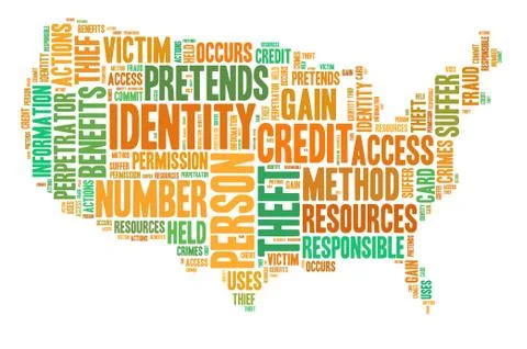 Identity theft concept with tag cloud forming the sahpe of american map Stock Illustration