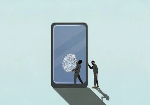 Identity thieves stealing fingerprint from smart phone screen Stock Illustration