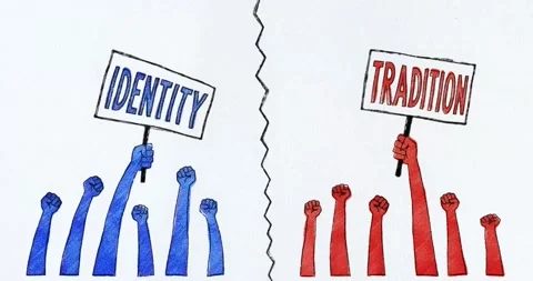 Identity vs Tradition - Social Division Between Red and Blue Groups Stock Footage 340549704