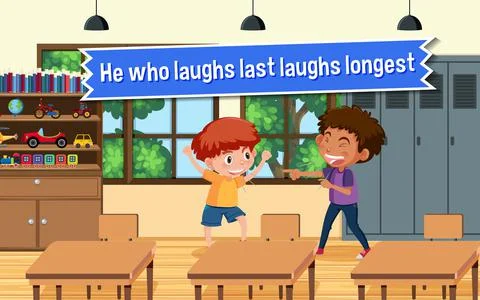 Idiom poster with He who laughs last laughs longest Stock Illustration