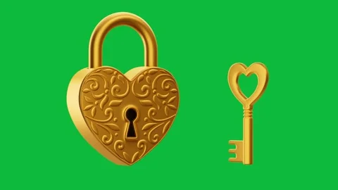 Idle loop animation of golden heart padlock with golden key on green screen Stock-Footage 247048264