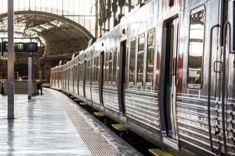 Idle Train Doors on Platform in Old European Train Station Sunny Day Rossio T Stock Photos