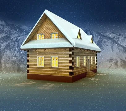 Idyllic cottage and window lighting at night snowfall illustration Ilustración de archivo