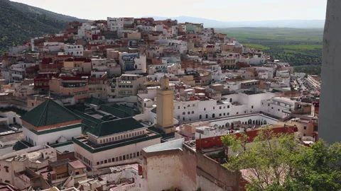 Idyllic elevated view of the historic city of Moulay Idriss Zerhoun Video stock 336056466