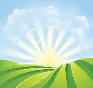 Idyllic green fields with sunshine rays and blue sky Stock Illustration