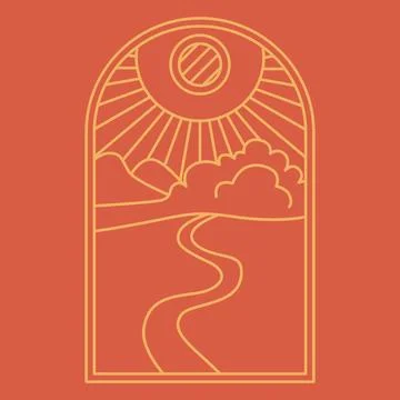 Idyllic landscape orange boho logo. Field, river, bushes, sun, sky nature sce Illustrazione stock