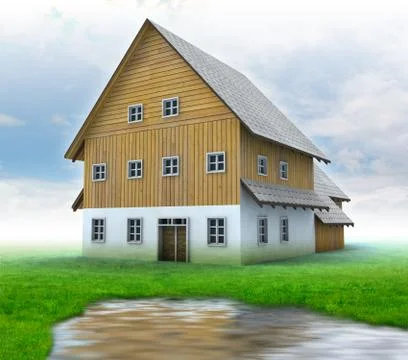 Idyllic mountain cottage with green grass and pound illustration Stock Illustration