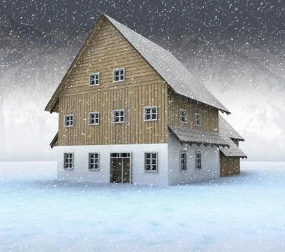 Idyllic mountain cottage at night snowfall illustration Ilustración de archivo