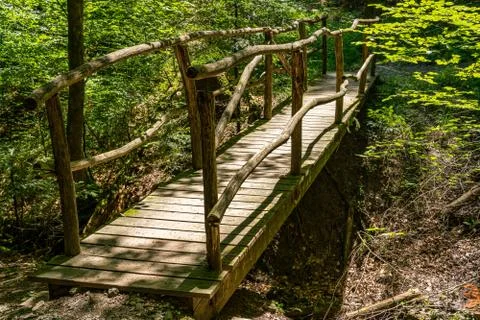 Idyllic old bridge in a forest Stock Photos