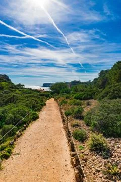 Idyllic path to beautiful bay on Majorca island, Spain Mediterranean Sea Stock Photos